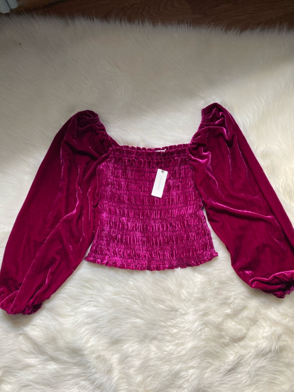 Anthropologie Velvet Smocked Off-Shoulder Crop Top in Magenta